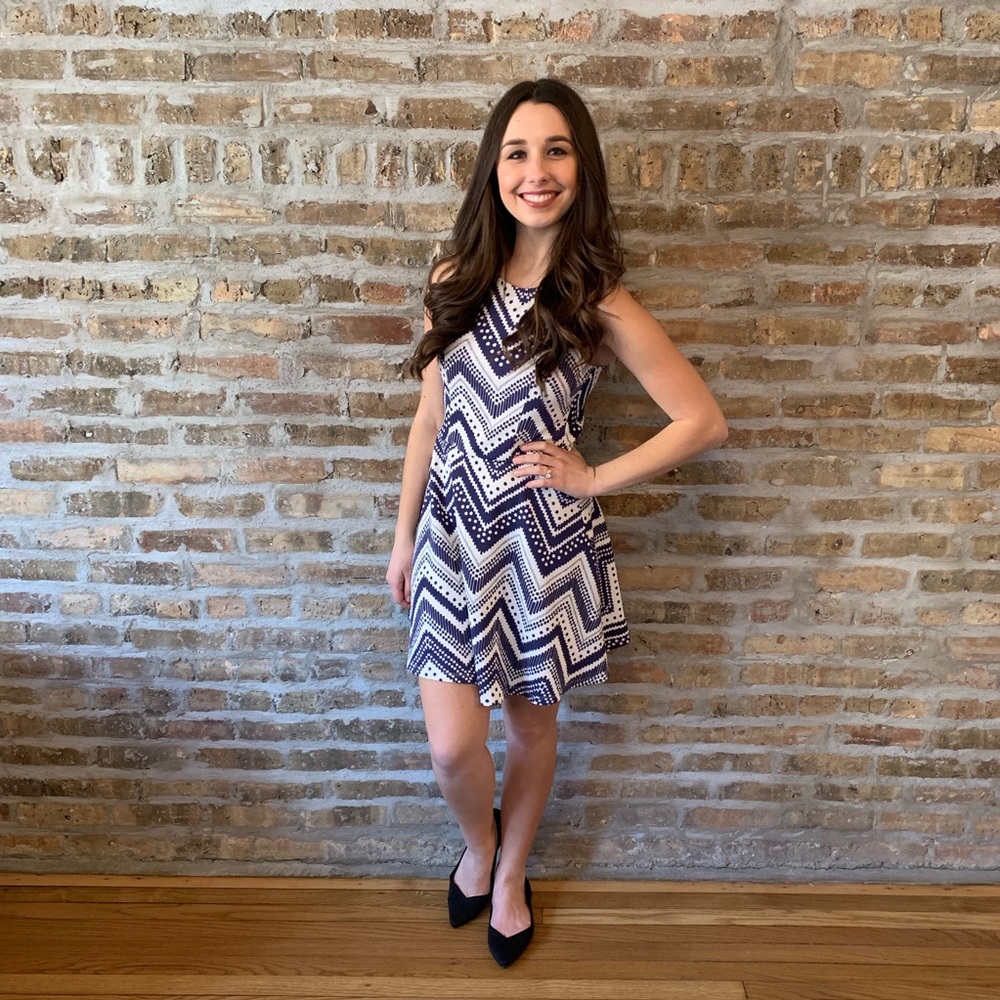 Navy and white textured fit and flare dress